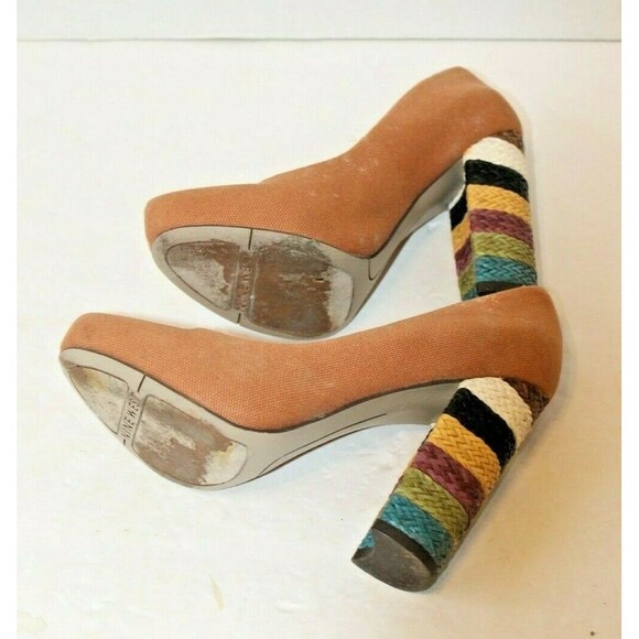 Nine West Heels Tan Canvas Pumps Chunky Braided Boho Shoes w/Box Sz 6.5 M - Picture 8 of 9